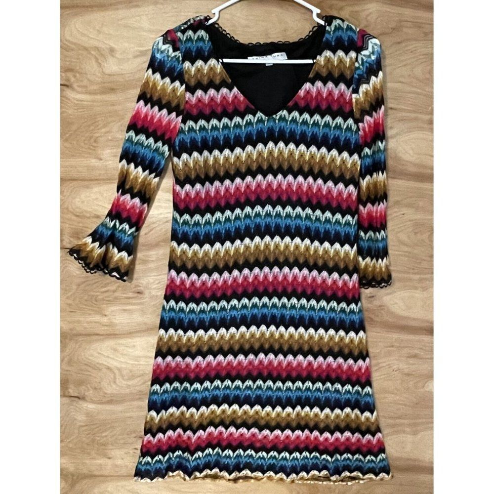 Trina Turk Orchestra Dress womens sz 4 chevron boho Lined Colorful Embroidered